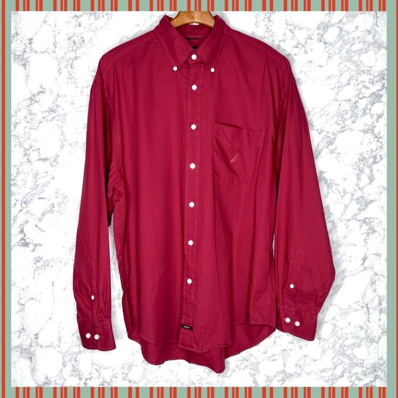 Nautica NS-83 Men’s 90s Red Oxford Collar Traveler Twill Button Up Shirt Size L